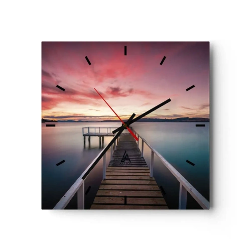 Orologio da parete - Orologio in Vetro - Un molo che conduce a un lago tranquillo al tramonto - 30x30cm - La fiamma mite della sera - Decorazione murale moderna per soggiorno e camera da letto ARTTOR