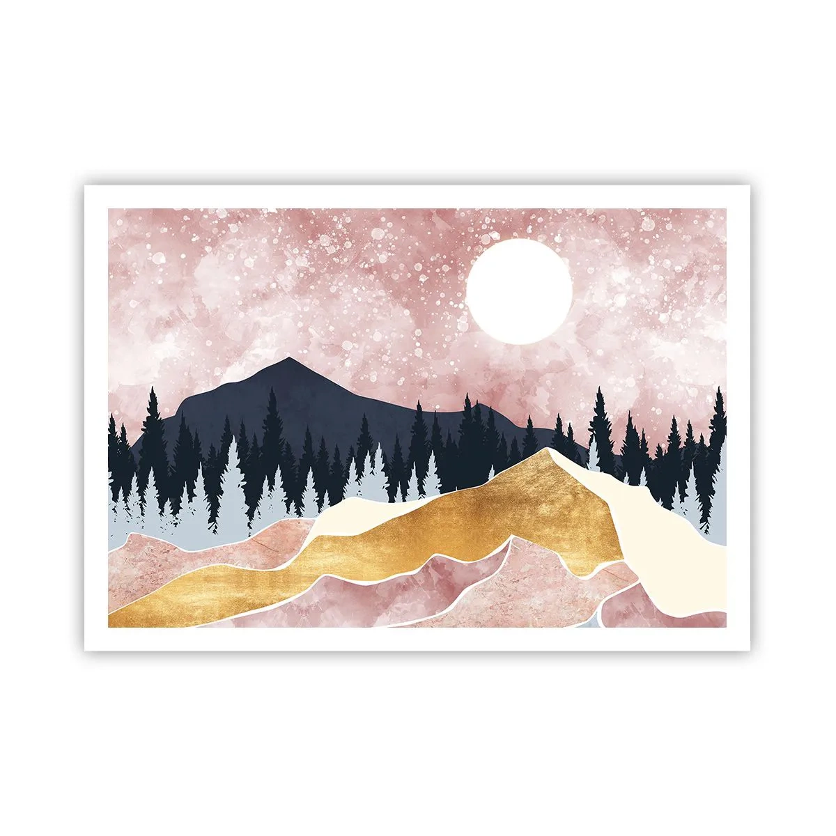 Poster - Montagne colorate contro un cielo rosa con una luna - 100x70cm - Guardiano notturno - Decorazione murale moderna per soggiorno e camera da letto ARTTOR