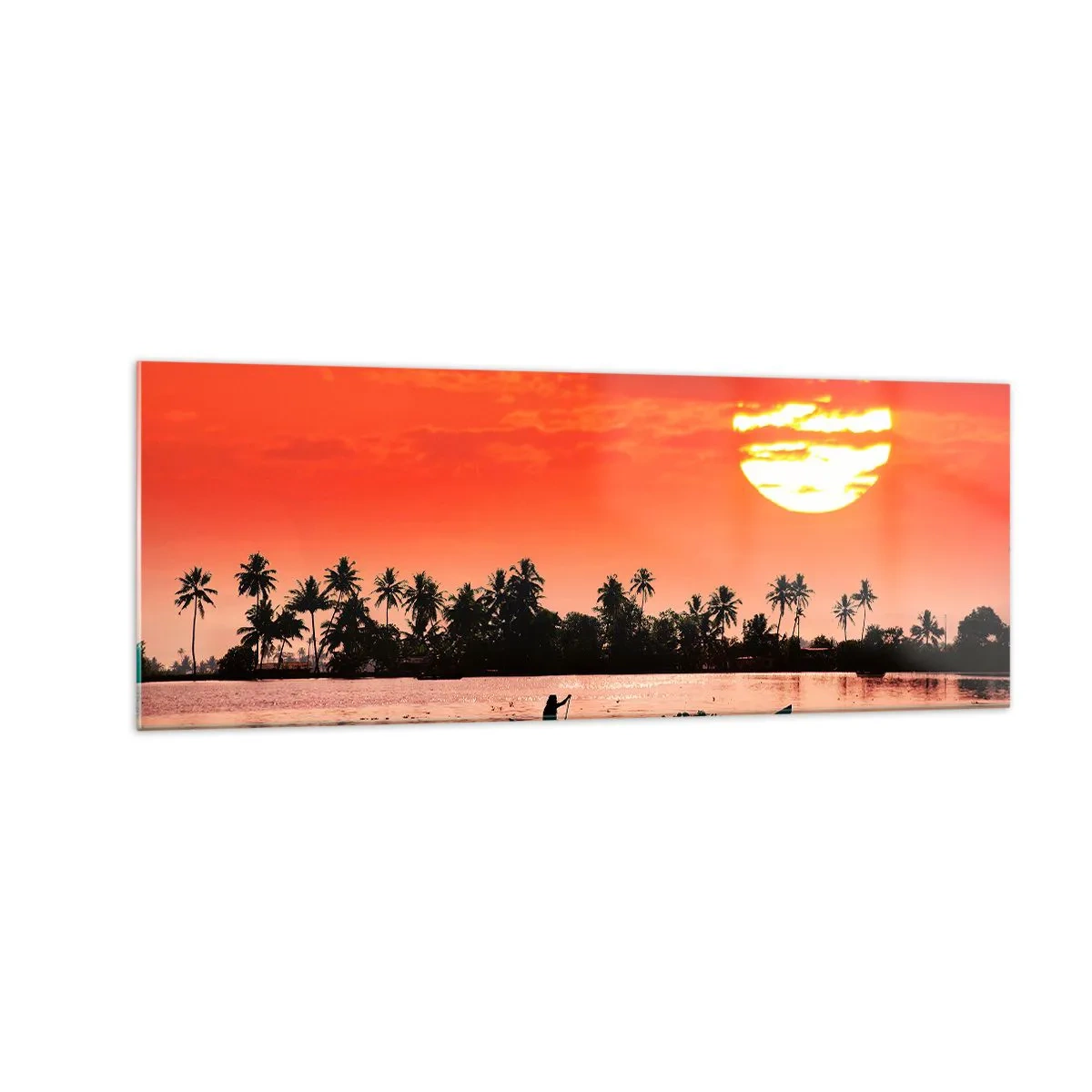 Quadro su vetro - Tramonto tropicale con una barca e palme sullo sfondo - 140x50cm - La calma dei tropici al tramonto - Decorazione murale moderna per soggiorno e camera da letto ARTTOR