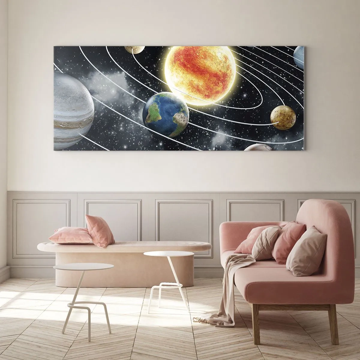 Quadro su vetro - Sistema solare con pianeti e sole nello spazio - 160x50cm - Danza cosmica - Decorazione murale moderna per soggiorno e camera da letto ARTTOR