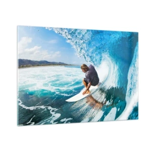 Quadro su vetro - Surfista in un tunnel d'acqua con l'oceano sullo sfondo - 100x70cm - Ballando con le onde - Decorazione murale moderna per soggiorno e camera da letto ARTTOR