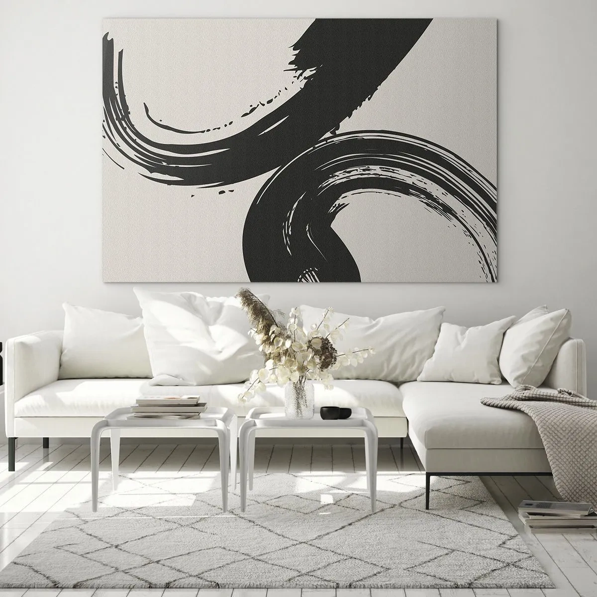 Quadro su vetro - Pennellate calligrafiche nere e dinamiche su uno sfondo chiaro. - 70x50cm - Energico e circolare - Decorazione murale moderna per soggiorno e camera da letto ARTTOR