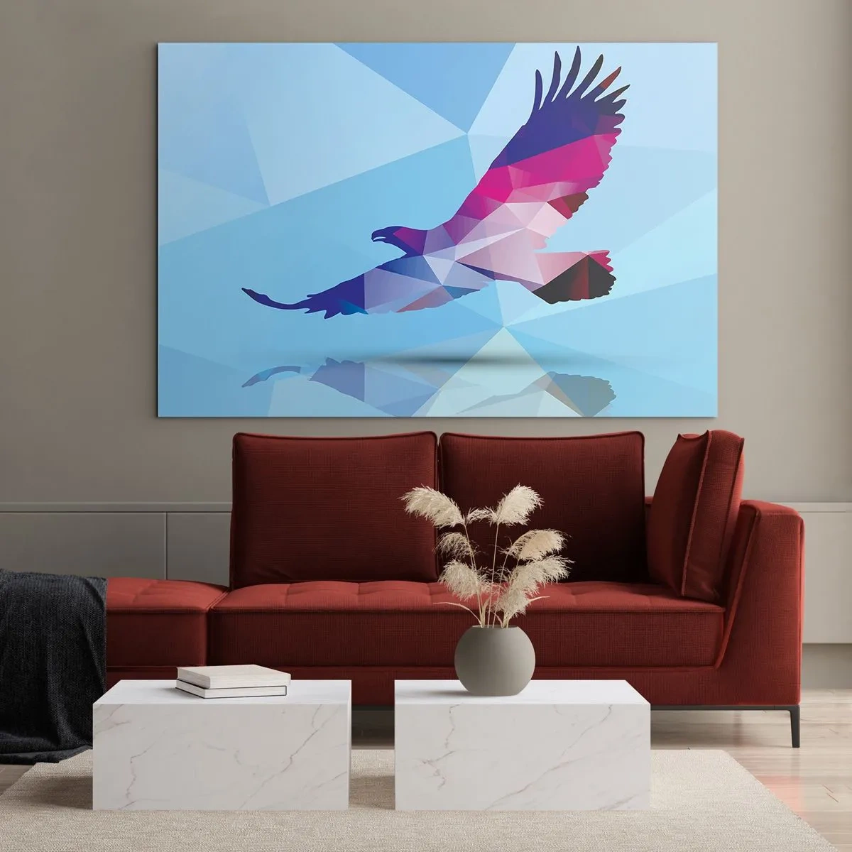 Quadro su vetro - Aquila geometrica su sfondo blu - 70x50cm - L'aquila nel cristallo lilla - Decorazione murale moderna per soggiorno e camera da letto ARTTOR
