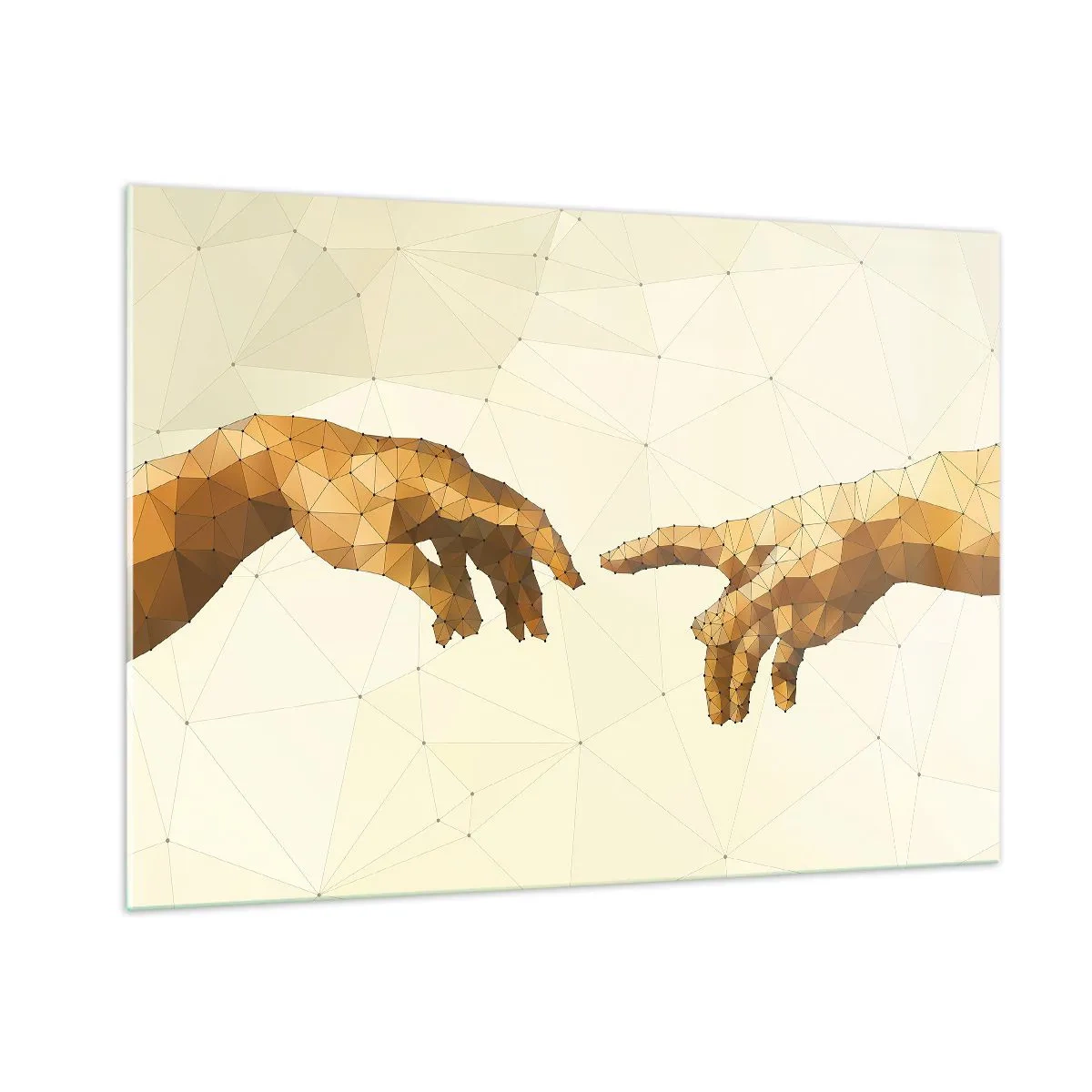 Quadro su vetro - Una versione stilizzata del dipinto "La creazione di Adamo" in tecnica poligonale - 100x70cm - Geometria divina - Decorazione murale moderna per soggiorno e camera da letto ARTTOR