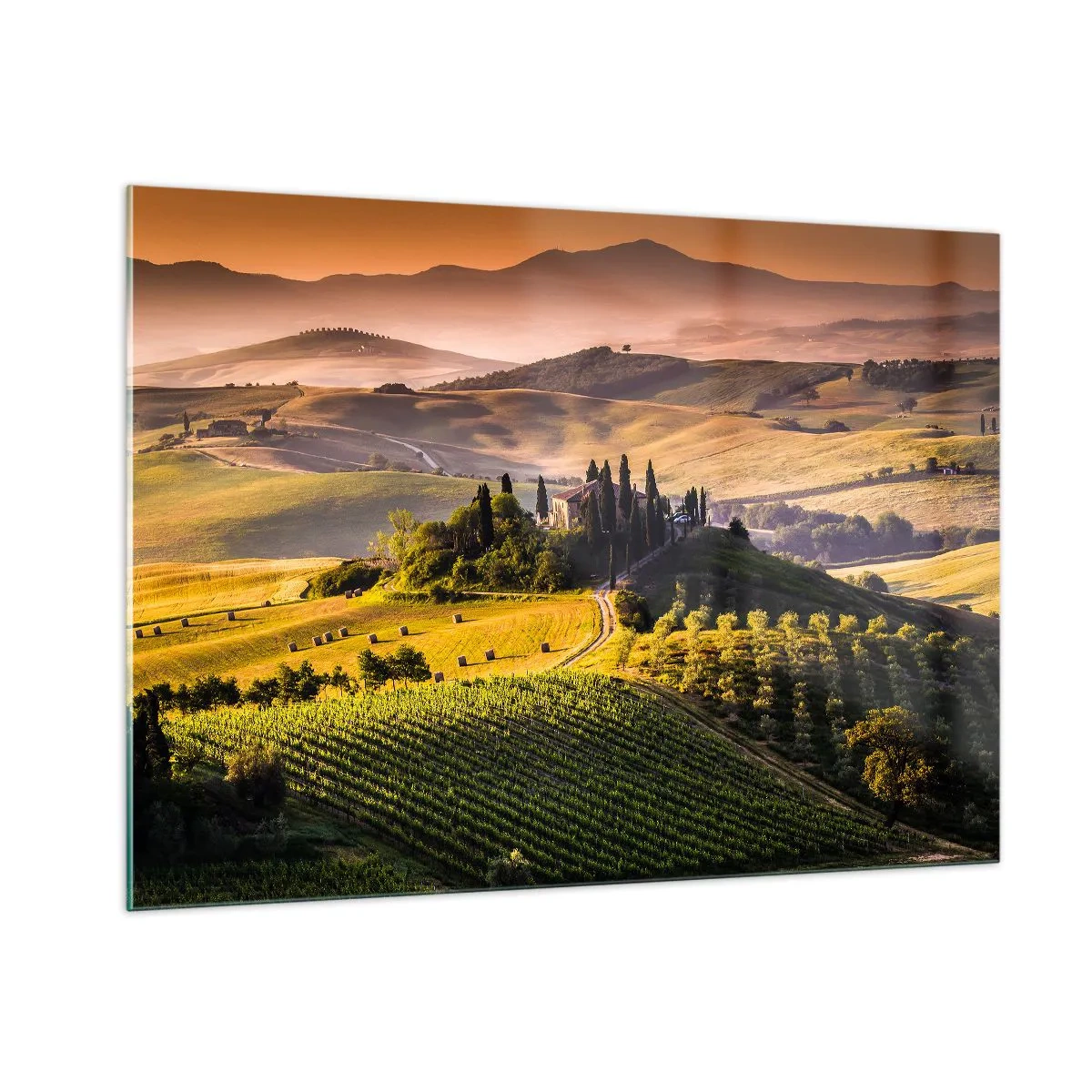 Quadro su vetro - Paesaggio toscano all'alba - 100x70cm - Arcadia: paesaggio toscano - Decorazione murale moderna per soggiorno e camera da letto ARTTOR
