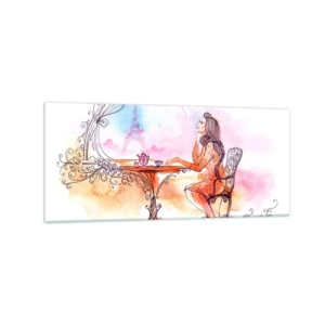 Quadro su vetro - Acquerello romantico di una donna in un caffè con vista su una torre - 120x50cm - Chic parigino - Decorazione murale moderna per soggiorno e camera da letto ARTTOR