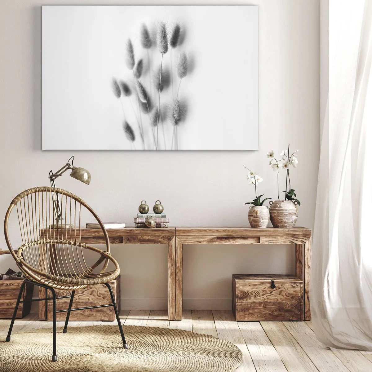 Quadro su tela - Stampe su Tela - Erbe delicate in tonalità di grigio su sfondo bianco - 70x50cm - Erba soffice - Decorazione murale moderna per soggiorno e camera da letto ARTTOR