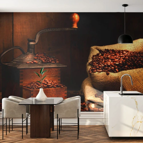 Fotomurali Autoadesivo Deluxe Sticker - Natura morta con chicchi di caffè e macinino - Gastronomia, Caffè, Macinacaffè - 100x70 cm