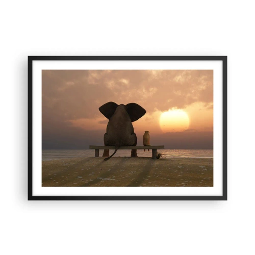 Poster in cornice nera - Un elefante e un cane sono seduti su una panchina sulla spiaggia durante il tramonto. - 70x50cm - A volte bisogna tacere - Decorazione murale moderna per soggiorno e camera da letto ARTTOR