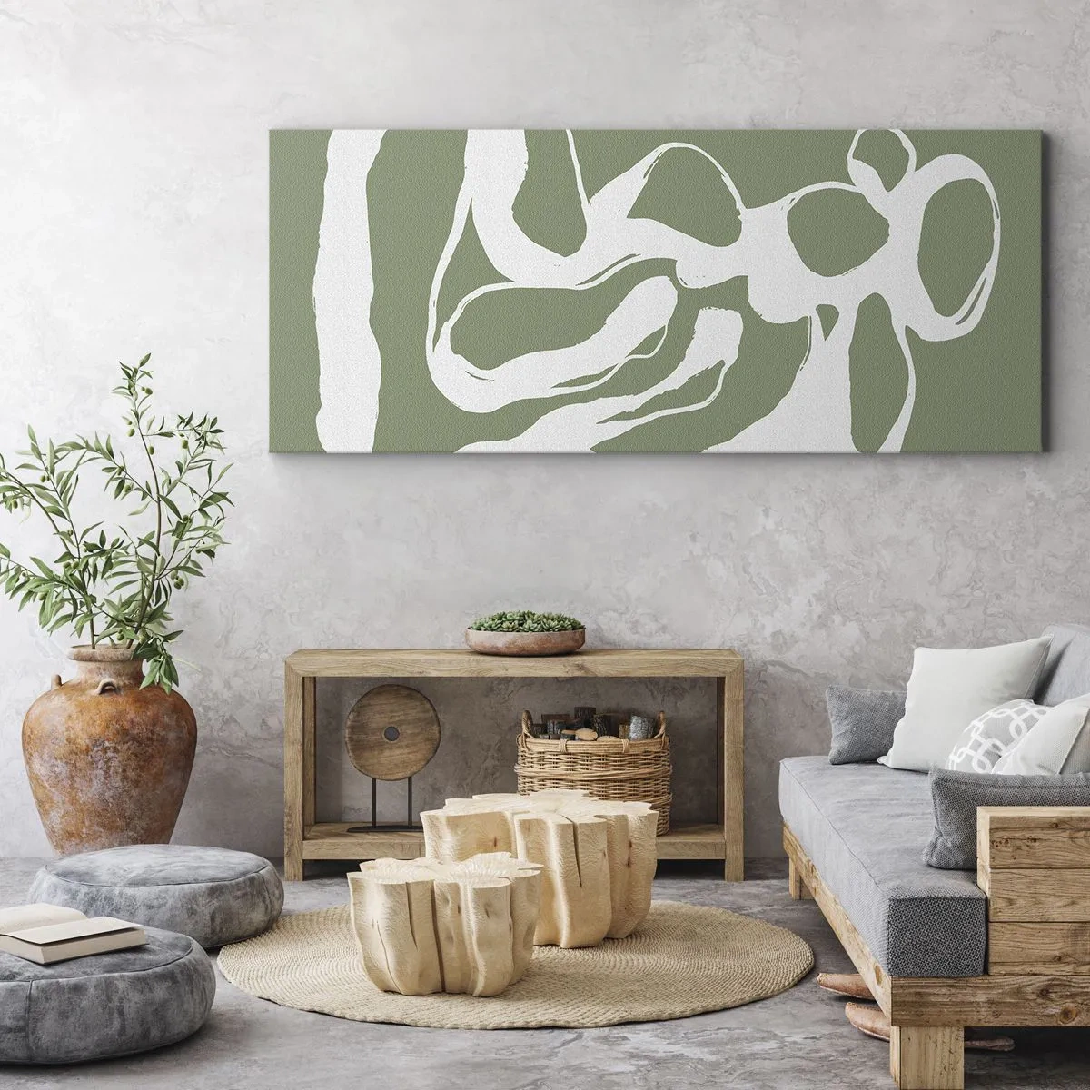 Quadro su tela - Stampe su Tela - Forme organiche in bianco su sfondo verde - 160x50cm - Il richiamo dello spazio - Decorazione murale moderna per soggiorno e camera da letto ARTTOR