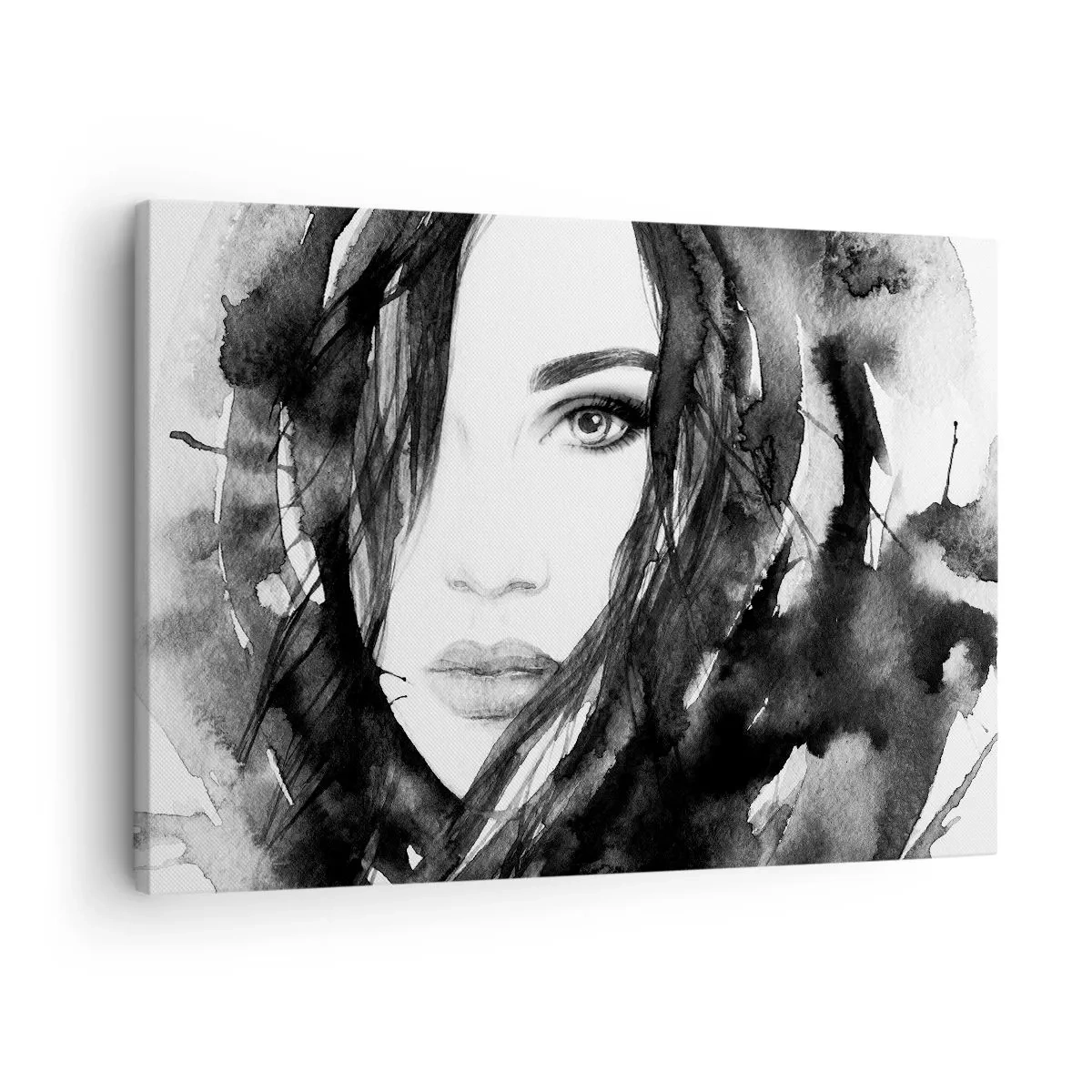 Quadro su tela - Stampe su Tela - Ritratto di donna in acquerello bianco e nero - 70x50cm - Ritratto di donna in bianco e nero - Decorazione murale moderna per soggiorno e camera da letto ARTTOR