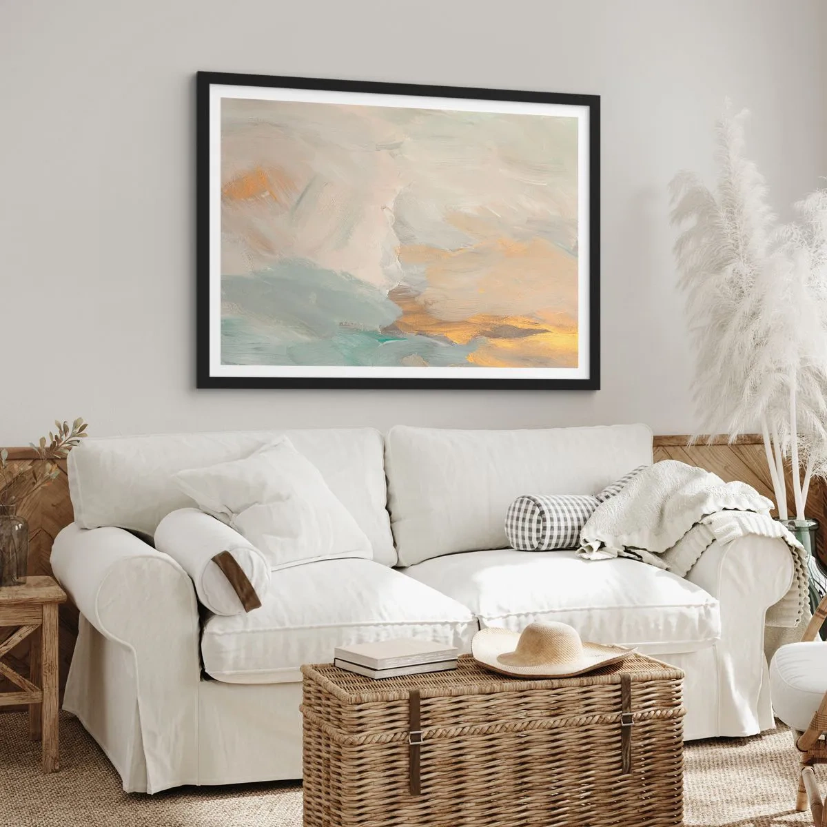 Poster in cornice nera - Delicati tratti astratti nei toni del bianco e dell'oro - 70x50cm - Astrazione: il paese della mitezza - Decorazione murale moderna per soggiorno e camera da letto ARTTOR