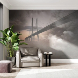 Fotomurali Premium Sand - Ponte moderno nella nebbia al tramonto - 100x70cm - Sul fiume che non c'è - Decorazione murale moderna per soggiorno e camera da letto ARTTOR