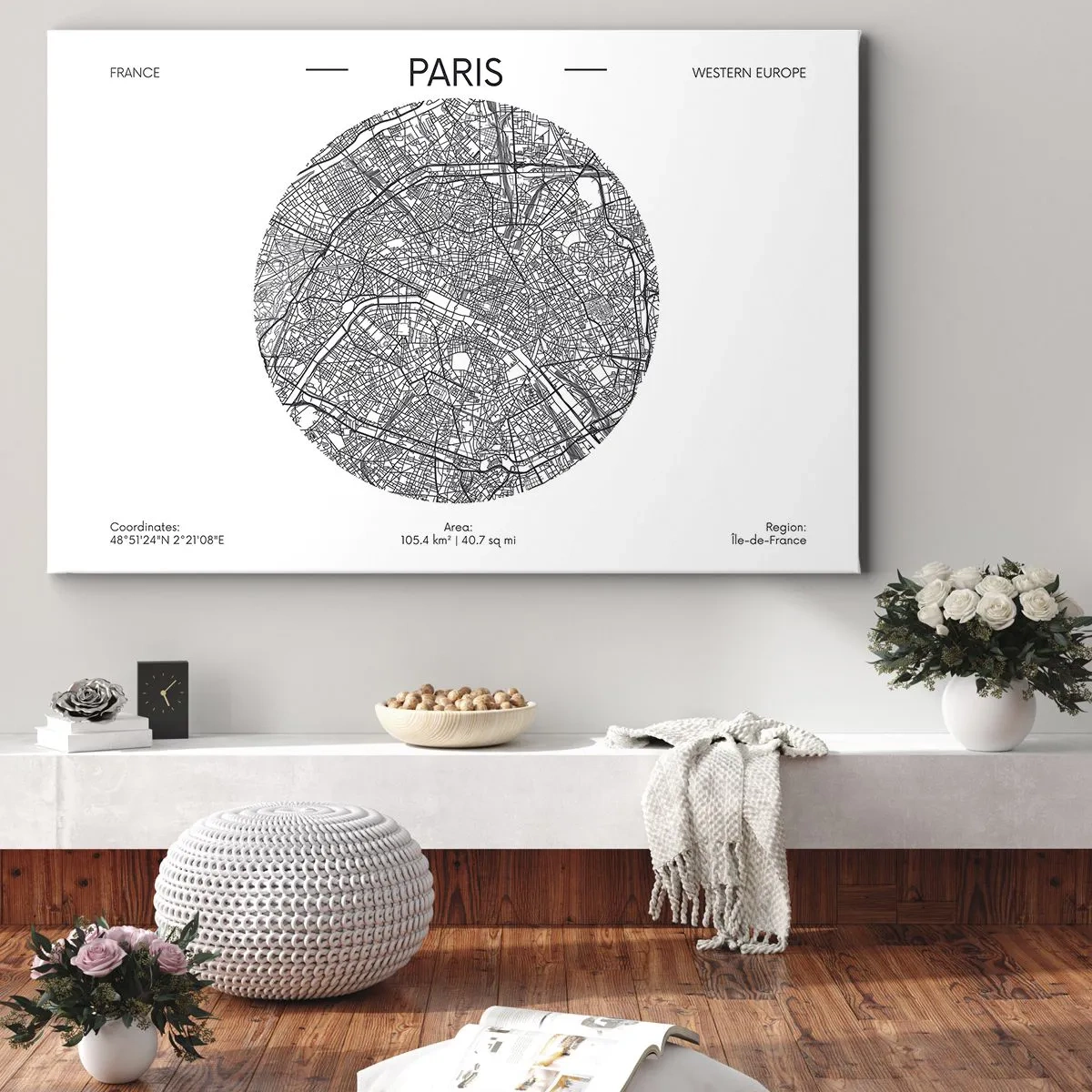 Quadro su tela - Stampe su Tela - Mappa di Parigi in stile minimalista - 120x80cm - Anatomia di Parigi - Decorazione murale moderna per soggiorno e camera da letto ARTTOR