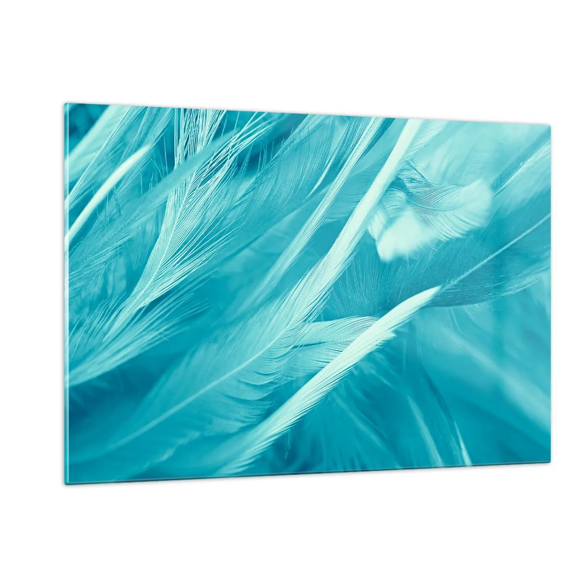 Quadro su vetro - Piume turchesi in un delicato primo piano - 120x80cm - Annegare nel morbido - Decorazione murale moderna per soggiorno e camera da letto ARTTOR