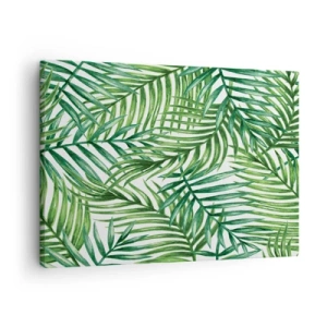Quadro su tela - Stampe su Tela - Foglie di palma tropicali verdi su sfondo chiaro - 70x50cm - Sotto un baldacchino verde - Decorazione murale moderna per soggiorno e camera da letto ARTTOR