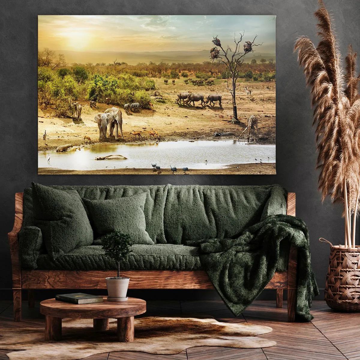 Quadro su tela - Stampe su Tela - Elefanti e animali selvatici in una pozza d'acqua al tramonto - 70x50cm - "Un fiume usciva da Eden…" - Decorazione murale moderna per soggiorno e camera da letto ARTTOR