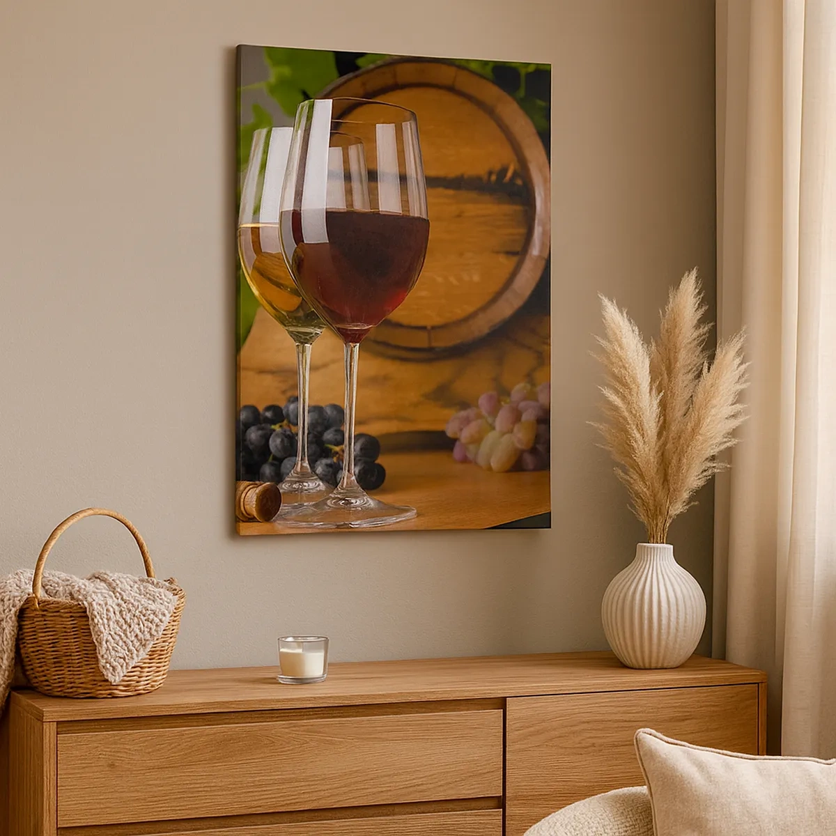 Quadro su tela - Stampe su Tela - Bicchieri di vino con uva, una botte e bottiglie su un tavolo di legno - 50x70cm - Come presso gli antichi conoscitori - Decorazione murale moderna per soggiorno e camera da letto ARTTOR
