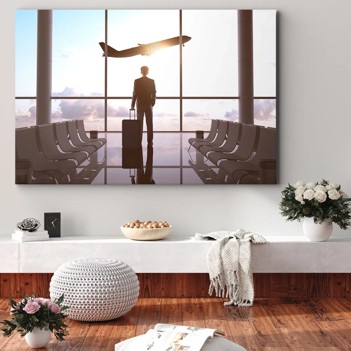 Quadro su tela - Stampe su Tela - Uomo d'affari all'aeroporto con un aereo sullo sfondo - 120x80cm - Hai tempo, rallenta - Decorazione murale moderna per soggiorno e camera da letto ARTTOR
