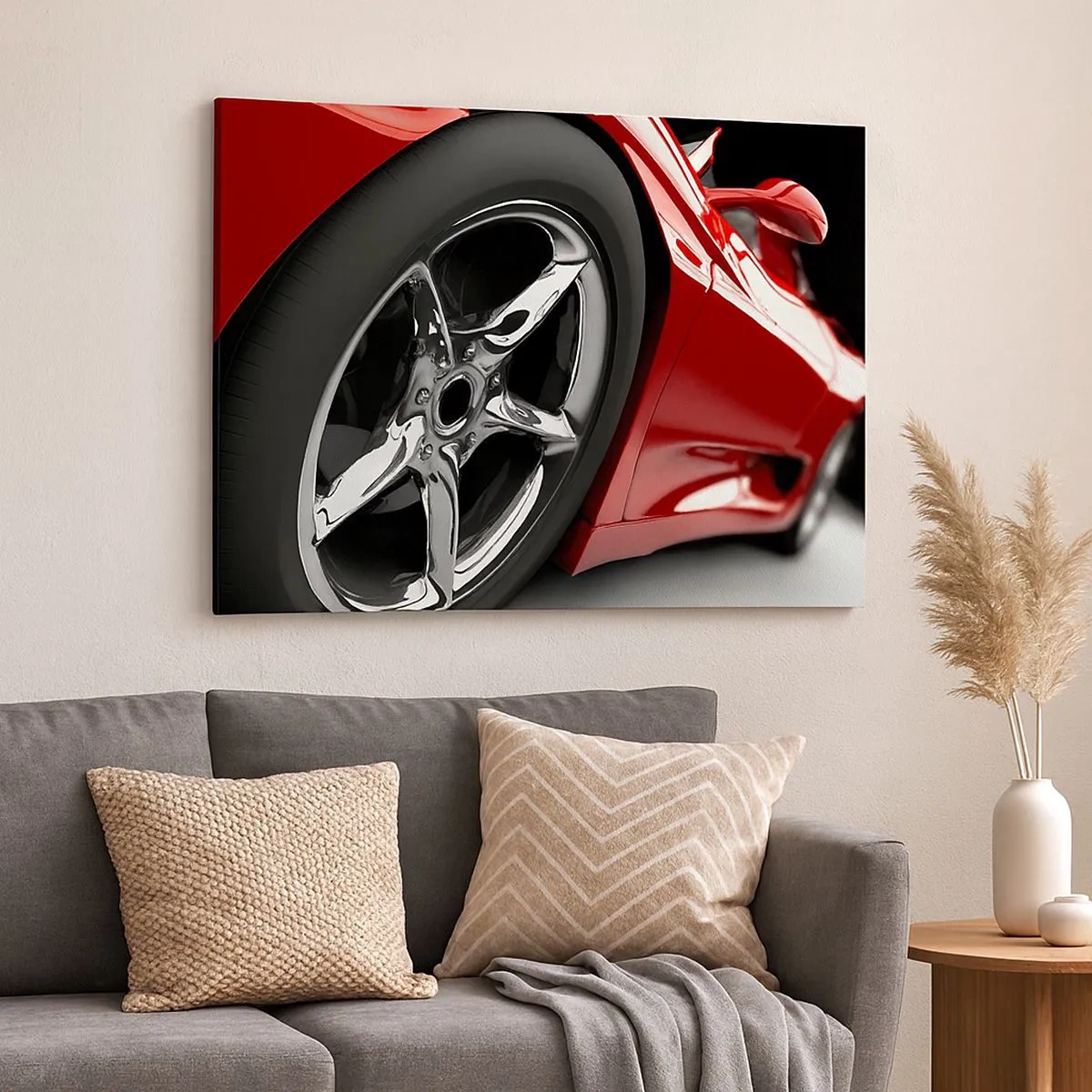 Quadro su tela - Stampe su Tela - Auto sportiva rossa con cerchi cromati - 70x50cm - Fatta per la velocità - Decorazione murale moderna per soggiorno e camera da letto ARTTOR