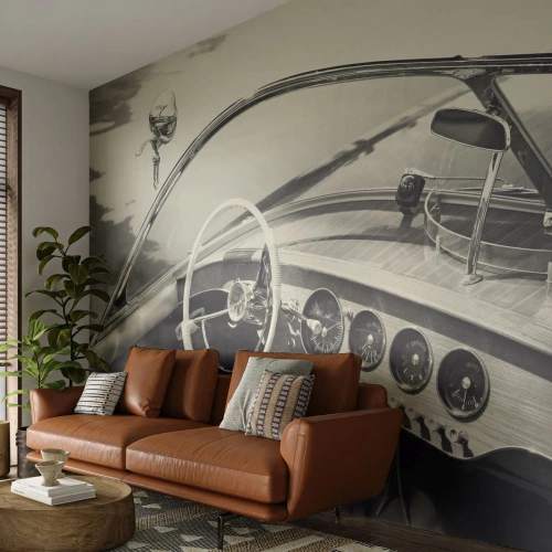 Fotomurali Autoadesivo Deluxe Sticker - Il ricco e il povero - Barca d'epoca, Motoscafo, Bianco e nero - 400x280 cm