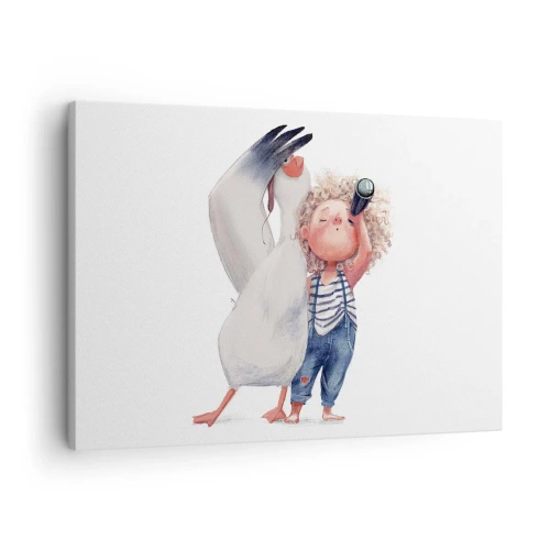 Quadro su tela - Stampe su Tela - Illustrazione di un bambino con un pellicano e un telescopio in mano - 70x50cm - Il progetto di un grande viaggio - Decorazione murale moderna per soggiorno e camera da letto ARTTOR
