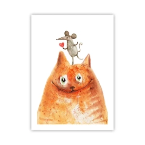 Poster - Un gatto con un topo che tiene un cuore sulla testa - 50x70cm - I paradossi dell'amore - Decorazione murale moderna per soggiorno e camera da letto ARTTOR