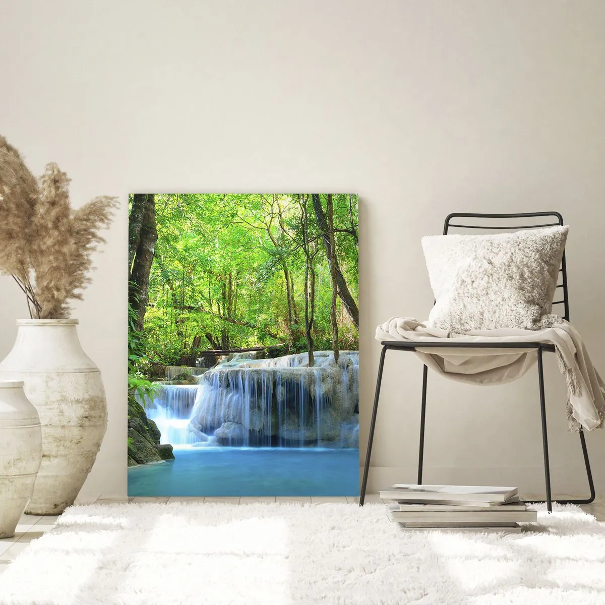Quadro su vetro - Una cascata circondata da alberi verdi e acqua blu - 50x70cm - Annegare nel turchese e nel verde - Decorazione murale moderna per soggiorno e camera da letto ARTTOR