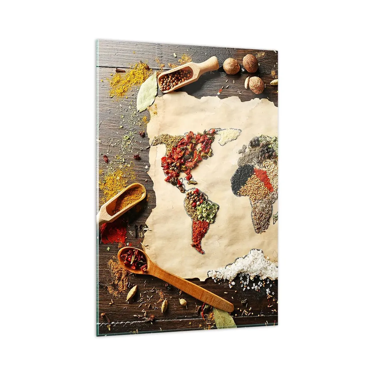 Quadro su vetro - Una mappa del mondo fatta di spezie su uno sfondo di legno. - 80x120cm - Tutti i gusti del mondo - Decorazione murale moderna per soggiorno e camera da letto ARTTOR
