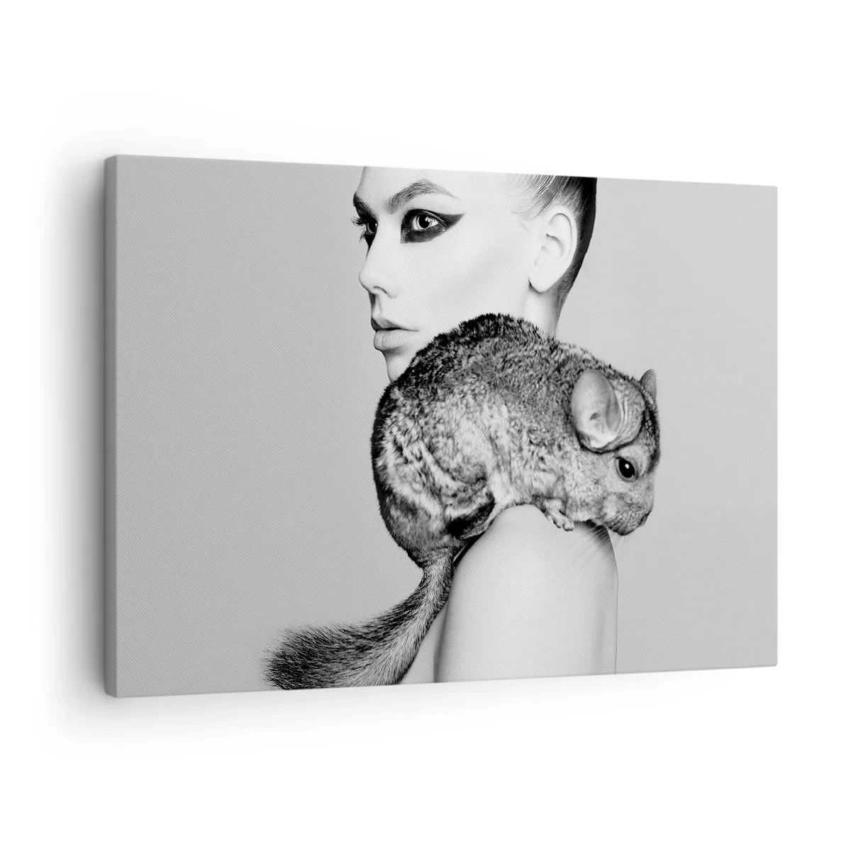 Quadro su tela - Stampe su Tela - Donna stilizzata con un cincillà in un'elegante composizione in bianco e nero - 70x50cm - Dama con il cincillà - Decorazione murale moderna per soggiorno e camera da letto ARTTOR