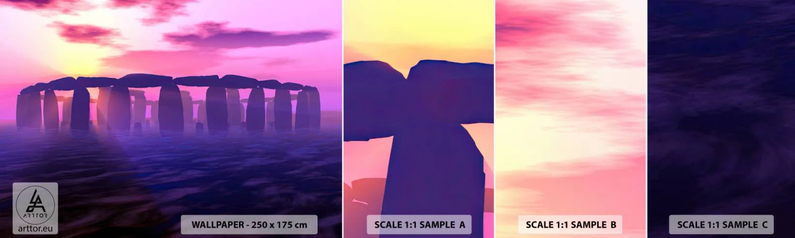 Campione di Fotomurale Adesivo Deluxe Sticker - Mistero in un'alba nebbiosa - Architettura, Stonehenge, Cerchi di pietre - 100x30 cm