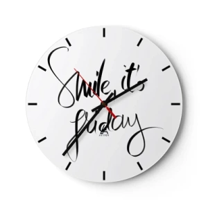 Orologio da parete - Orologio in Vetro - Citazione "Sorridi, è venerdì" in elegante grafica in bianco e nero - 30x30cm - Vera gioia - Decorazione murale moderna per soggiorno, cucina e camera da letto ARTTOR