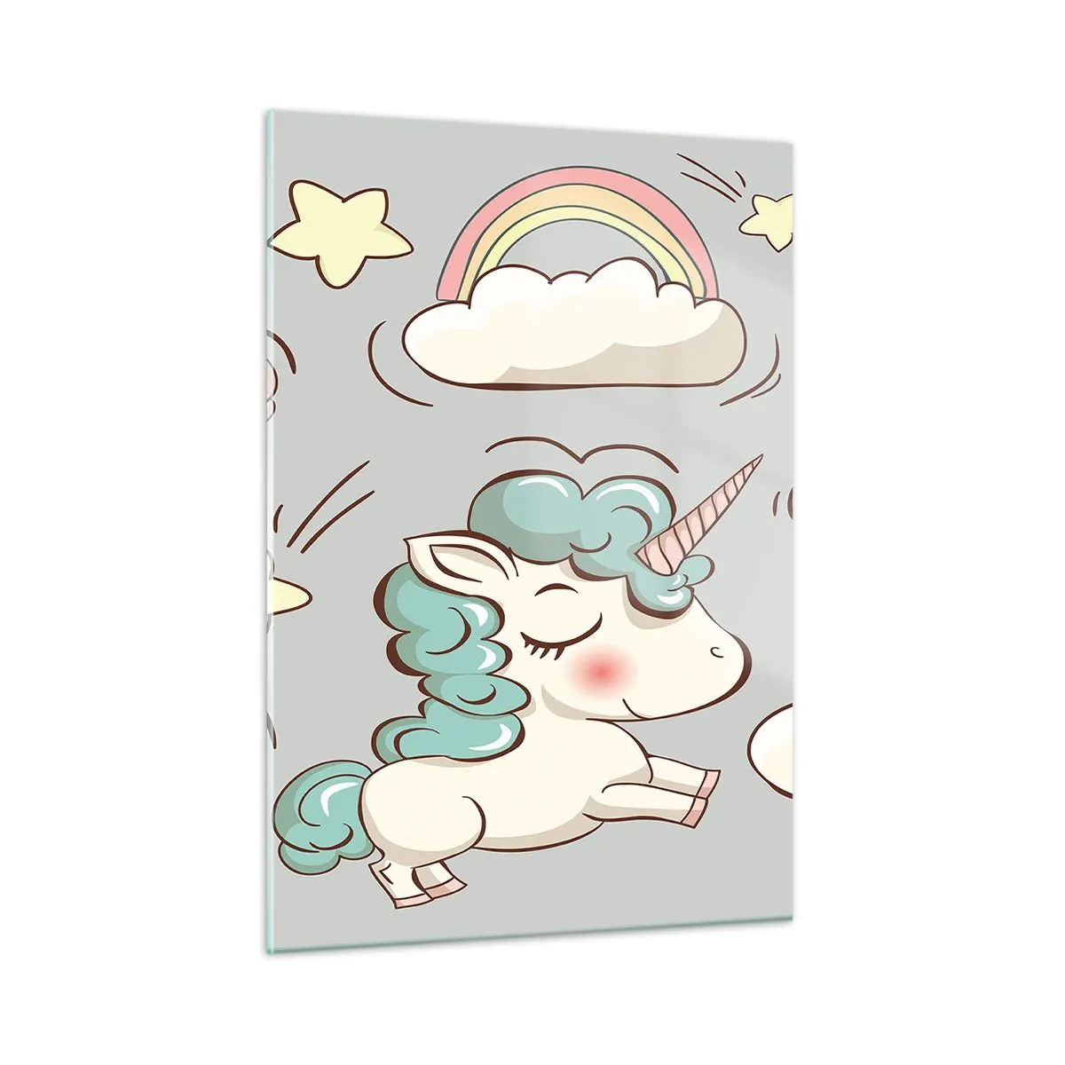 Quadro su vetro - Simpatici unicorni tra le nuvole con arcobaleno e palloncini - 50x70cm - Sicuramente esistono… - Decorazione murale moderna per soggiorno e camera da letto ARTTOR