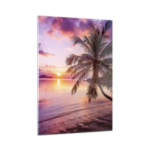 Quadro su vetro - Spiaggia esotica con una palma al tramonto - 50x70cm - Beatitudine a perdita d'occhio - Decorazione murale moderna per soggiorno e camera da letto ARTTOR