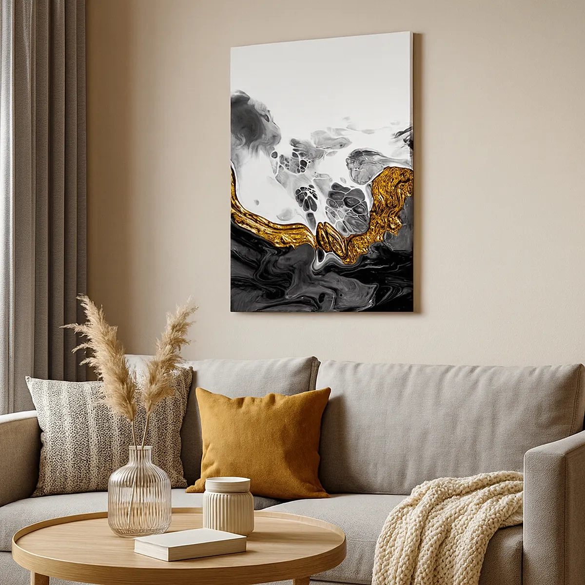 Quadro su tela - Stampe su Tela - Una composizione astratta con accenti di oro e nero. - 50x70cm - Composizione organica - Decorazione murale moderna per soggiorno e camera da letto ARTTOR
