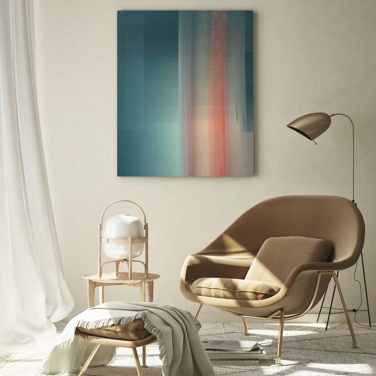 Quadro su vetro - Un'astrazione pastello che ricorda le onde luminose al tramonto. - 50x70cm - Astrazione: onde di luce - Decorazione murale moderna per soggiorno e camera da letto ARTTOR