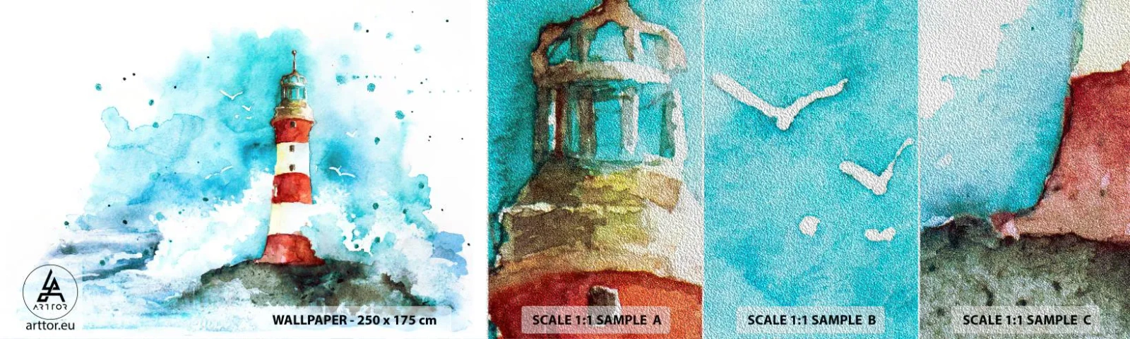 Campione di Fotomurale Premium Sand - L'unità dei quattro elementi - Faro, Paesaggio, Grafica - 100x30 cm