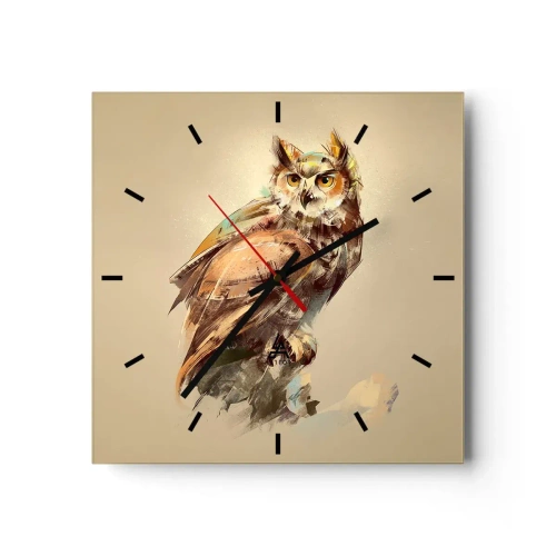 Orologio da parete - Orologio in Vetro - Ritratto artistico di un gufo su uno sfondo chiaro dalle tonalità calde. - 30x30cm - Il gufo più saggio - il querceto lo conferma - Decorazione murale moderna per soggiorno e camera da letto ARTTOR