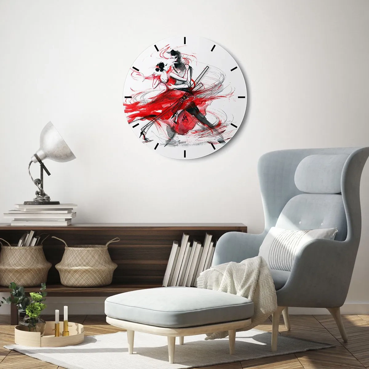 Orologio da parete - Orologio in Vetro - Ballerini di tango in rosso, pennellate dinamiche di acquerello - 30x30cm - Tango: il ritmo della passione - Decorazione murale moderna per soggiorno, cucina e camera da letto ARTTOR