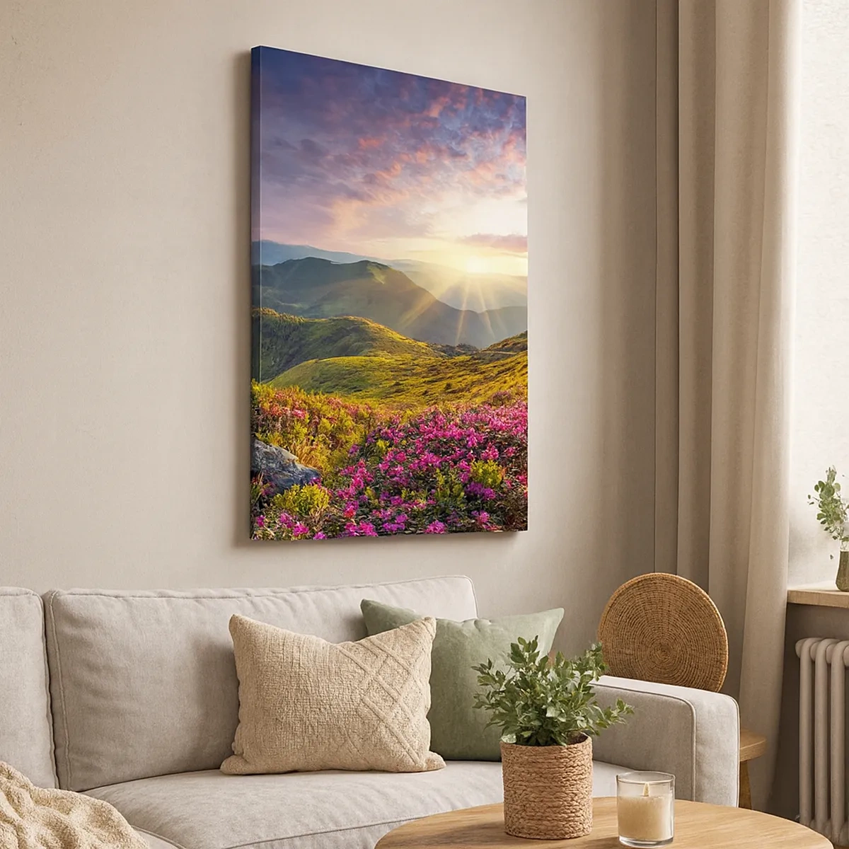 Quadro su tela - Stampe su Tela - Paesaggio montano con rododendri in fiore - 50x70cm - La freschezza di un mattino sui monti - Decorazione murale moderna per soggiorno e camera da letto ARTTOR