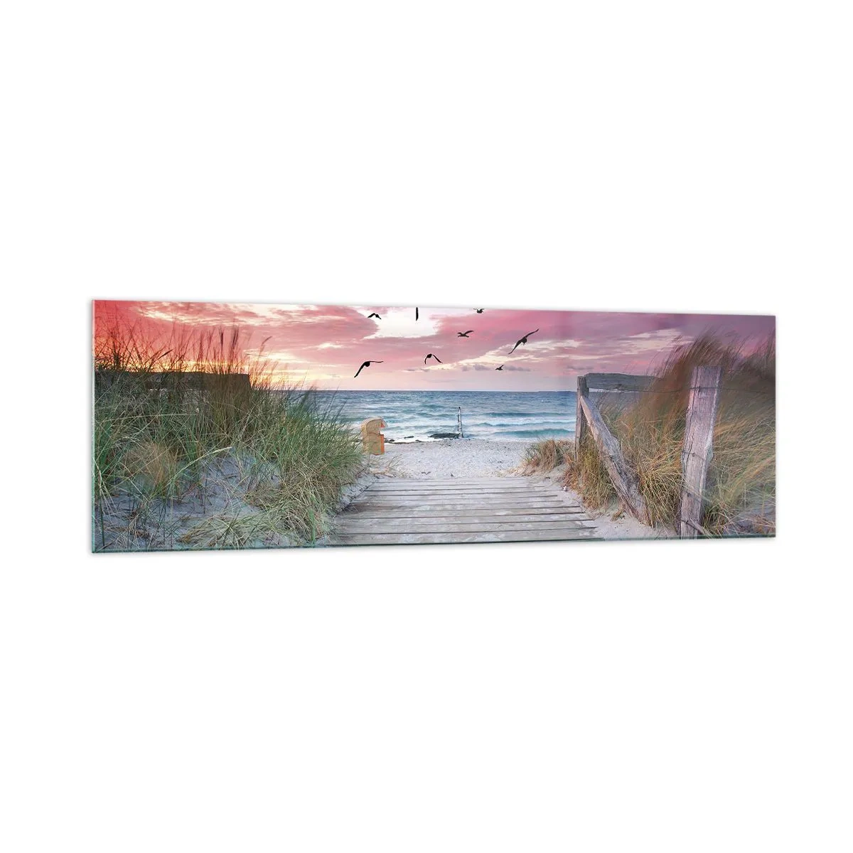 Quadro su vetro - Sentiero in legno sulla spiaggia al tramonto rosa - 160x50cm - Impressioni baltiche - Decorazione murale moderna per soggiorno e camera da letto ARTTOR