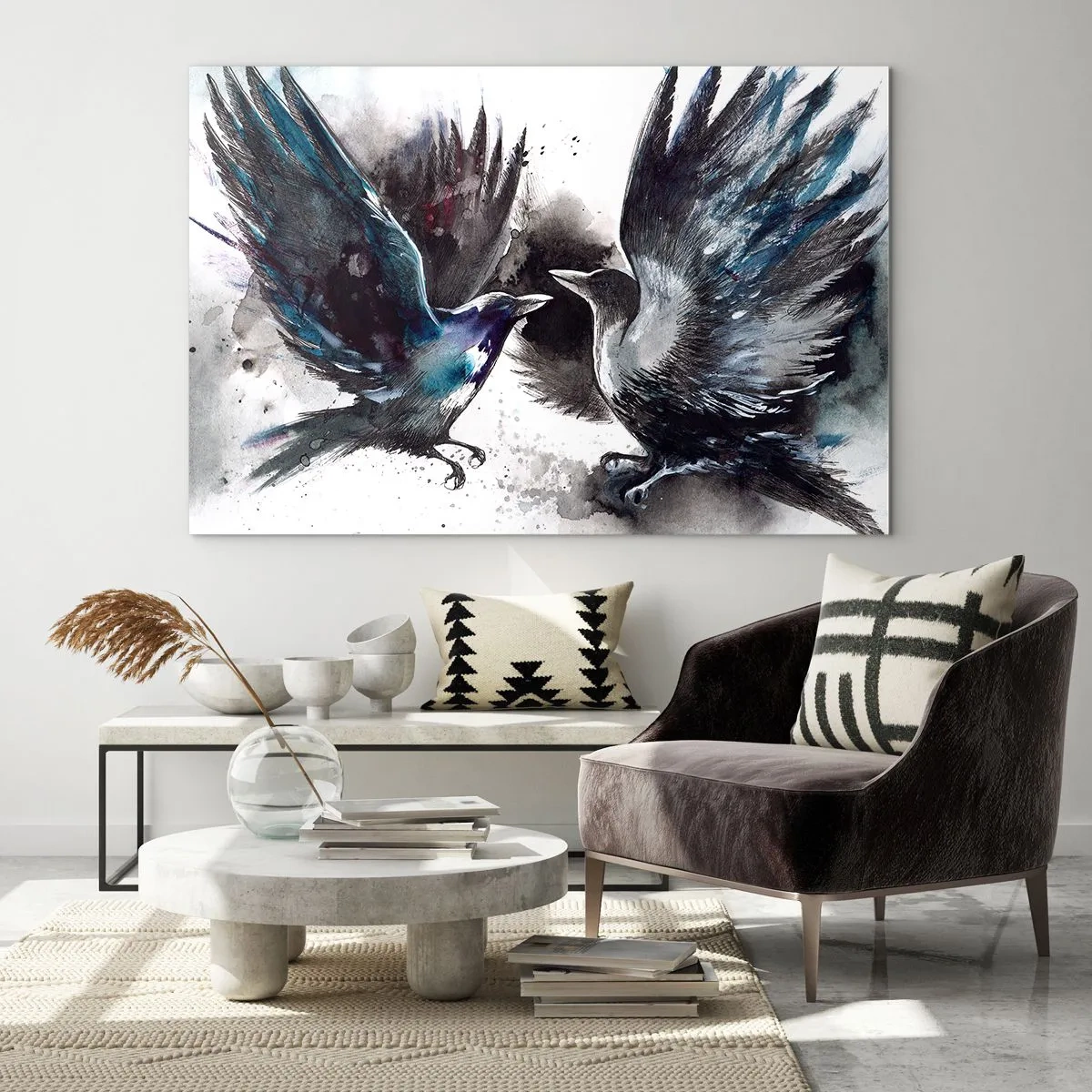 Quadro su vetro - Due corvi in posa dinamica con le ali spiegate - 70x50cm - Corvi imperiali - Decorazione murale moderna per soggiorno e camera da letto ARTTOR