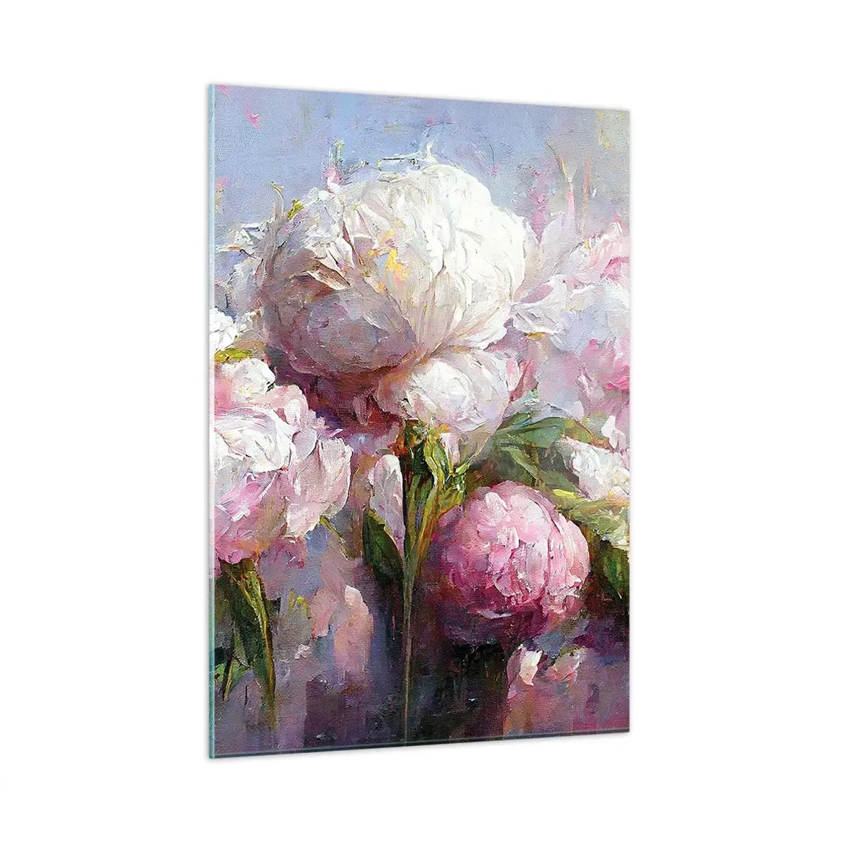 Quadro su vetro - Dipinto ad olio di peonie bianche e rosa in fiore - 50x70cm - Un bouquet pieno di vita - Decorazione murale moderna per soggiorno e camera da letto ARTTOR