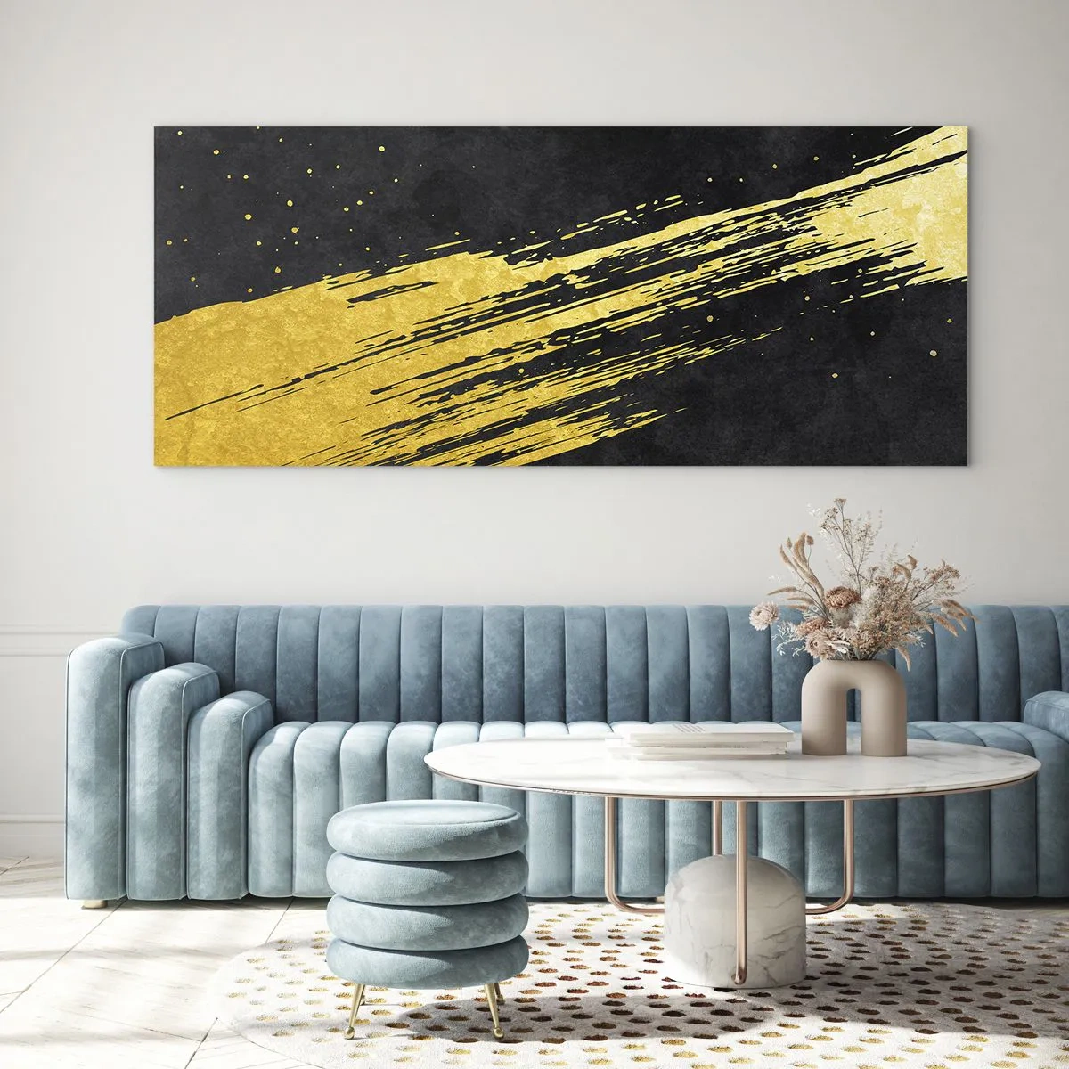 Quadro su vetro - Sfondo nero con pennellate dorate dinamiche - 140x50cm - Salto nell'iperspazio - Decorazione murale moderna per soggiorno e camera da letto ARTTOR