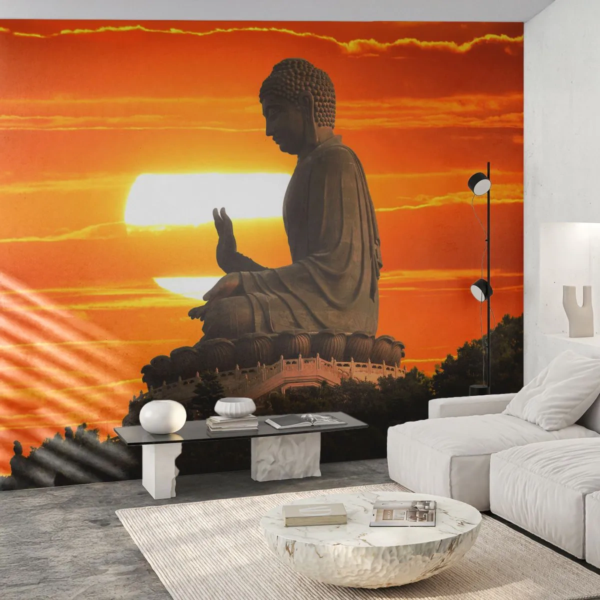 Fotomurali Premium Sand - Una statua del Buddha sullo sfondo di un tramonto arancione - 100x70cm - Senza paura davanti al mondo - Decorazione murale moderna per soggiorno e camera da letto ARTTOR