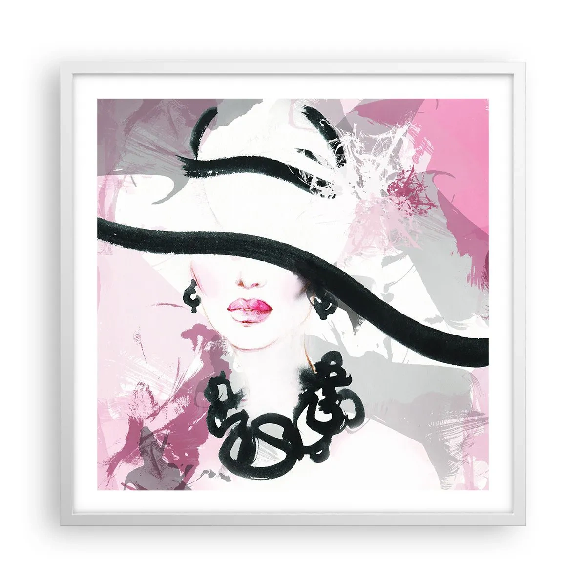 Poster in cornice bianca - Ritratto di donna in nero e rosa - 60x60 cm