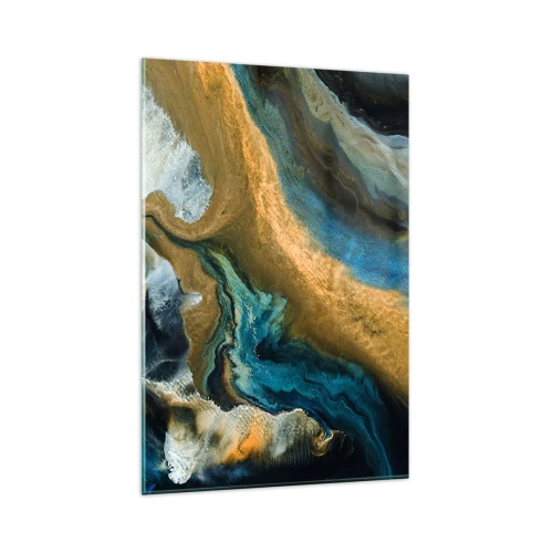 Quadro su vetro - Onde astratte nei toni dell'oro e del blu - 80x120cm - Blu-oro: influenza reciproca - Decorazione murale moderna per soggiorno e camera da letto ARTTOR