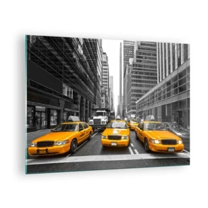 Quadro su vetro - Taxi gialli per le strade di New York - 70x50cm - Siamo noi che coloriamo la città - Decorazione murale moderna per soggiorno e camera da letto ARTTOR