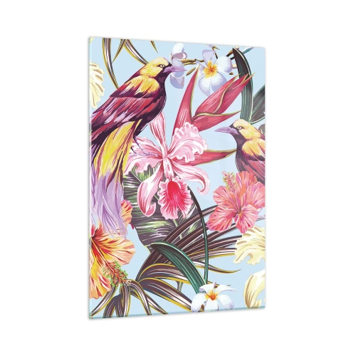 Quadro su vetro - Uccelli e fiori esotici su uno sfondo chiaro - 50x70cm - Petali e piume - Decorazione murale moderna per soggiorno e camera da letto ARTTOR