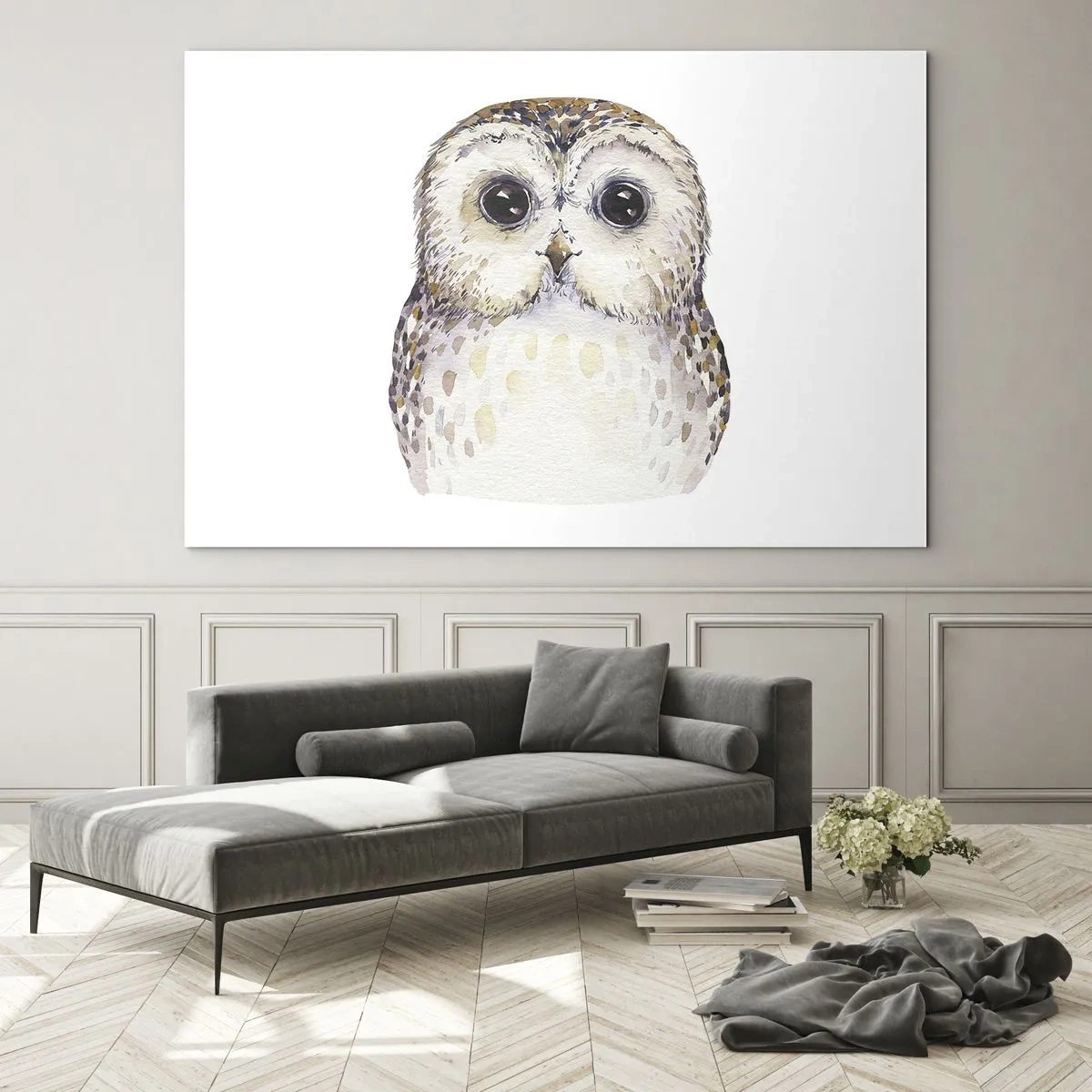 Quadro su vetro - Adorabile gufo su sfondo bianco in stile acquerello - 100x70cm - Guardami negli occhi - Decorazione murale moderna per soggiorno e camera da letto ARTTOR